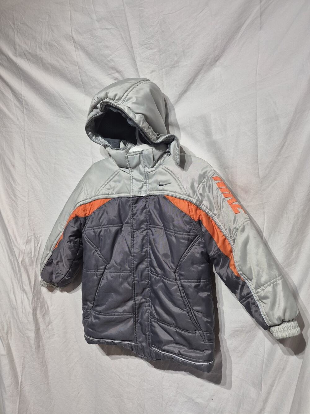 Youth Nike Hooded Puffer Jacket Size 6 Grey And Orange Swoosh Logo Reversable